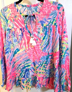 Lilly Pulitzer Top XS Quaste Mehrfarbig Modal Pima Baumwolle Rüschensaum Langarm - Bild 1 von 14