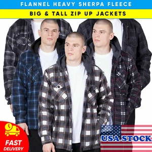 Mens Flannel Jacket Hoodie Heavy Sherpa Fleece Plaid With Hood Big And Tall   - Picture 1 of 54