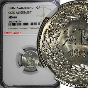 Switzerland Silver 1946 B 1/2 Franc NGC MS64 Standing Helvetia KM# 23 (26) - Picture 1 of 4