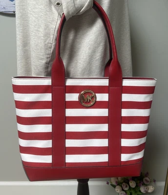 MICHAEL KORS Fulton 托特包红色白色条纹帆布和皮革钱包手提包 — 第 1/4 张图片