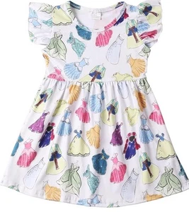 Girls Princess Cartoon Twirl Dress Ruffle Bottom Summer Flutter Sleeves - Picture 1 of 1