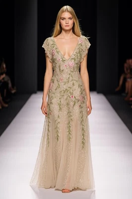 ADRIANNA PAPELL Floral Prom MOB  Gown Cap Sleeve LINED SIZE 12 NWT Gold  $500 - Image 1 of 4