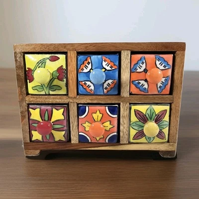 Handcrafted Wooden Box with Ceramic Drawers for Table Top Decorative Organizer - Image 1 of 4
