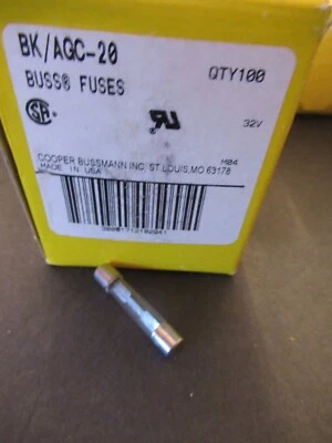 100 Buss BK/ AGC-20 AGC 20 AGC-20 Fuses 32V  1 Unopened Box NOS - Image 1 of 2