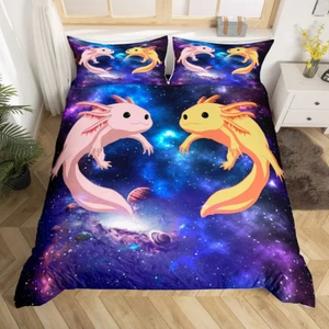 Cute Axolotl Bedding Set Galaxy Duvet Cover Set Kids Boys Girls Universe Outer S - Picture 1 of 9