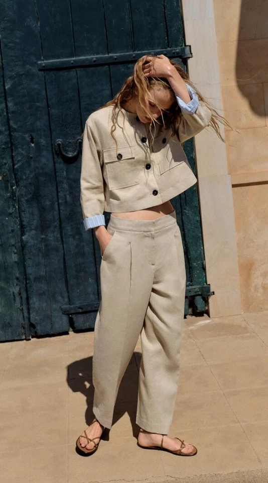 Zara Women S Linen Blend Straight Pants Beige Hi Waist Classic 2753/035