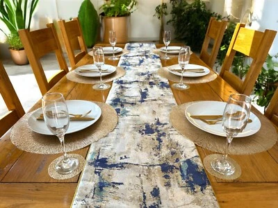 Elegant Blue, Cream, Gold Table Runner (275cm) - Image 1 of 4