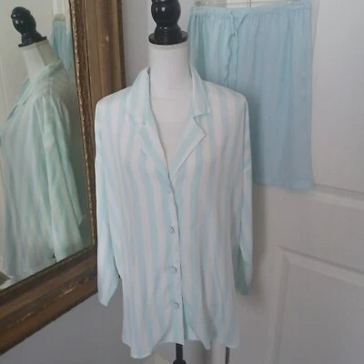 Conjunto de pijama corto vintage años 80 lencería cacique 2 piezas azul polvo rayas talla M Foto 1 de 4