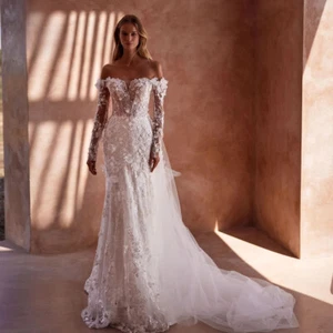 Sexy Mermaid Wedding Dresses Off Shoulder Long Sleeved Lace Floral Bridal Gowns - Picture 1 of 10