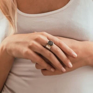 Solitaire Two Tone 9k Yellow Gold Silver 4.4 Carat Agate Druzy Stone Ring Size - Picture 1 of 9