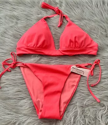 Victoria's Secret Nwt Coral Blaze Ribbed Halter Top & Side Tie Bottom Bikini Set - Image 1 of 4