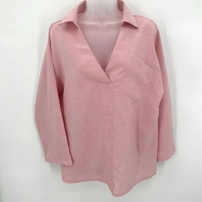 Zanzea Blouse Womens M Pink Polyester Vneck Crosshatch Collar Top Popover - Image 1 of 4