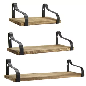 Set of 3 Floating Wood Shelves Wall Mounted Metal Industrial Rack Storage Unit - Picture 1 of 10