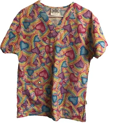 Crest Cottons Women’s XS Colorful  Hearts~ Breast Cancer Themed  Scrub Shirt - Image 1 of 4