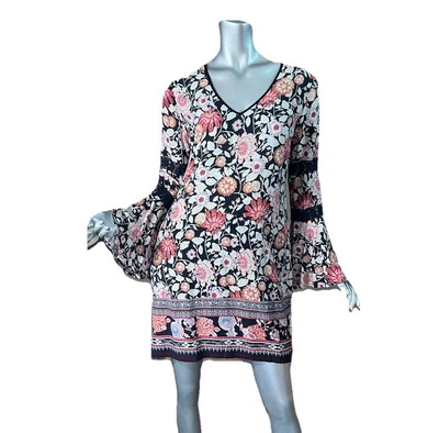 Xhilaration Pequeño Boho Túnica Top Mini Vestido Manga Larga Campana Blusa Floral Encaje Foto 1 de 4