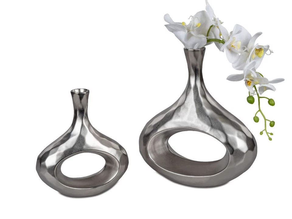 2er Set Flaschenvasen SAMUNGA oval H. 20 + 28cm silber aus Keramik Formano - Bild 1 von 1