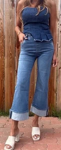 BEVY FLOG JASMINE PULL ON CUFFED WIDE LEG JEANS | Medium Blue DENIM Size 24 - Picture 1 of 7