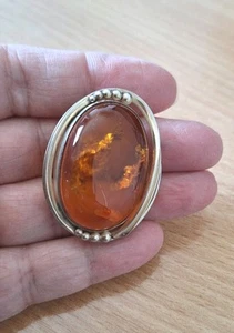 HALLMARKED VINTAGE ART NOUVEAU STERLING SILVER LARGE AMBER Brooch Boxed - Picture 1 of 8