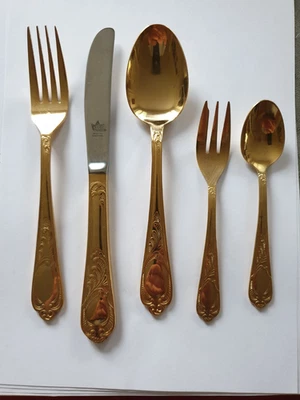 SBS Besteck Solingen 23/24 Gold Karat, hartvergoldet 5-teilig Modell: Wien (1) - Bild 1 von 4