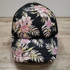 Volcom Hat Cap Snap Back Youth One Size Black Floral Hibiscus Mesh Trucker Patch - Picture 1 of 8