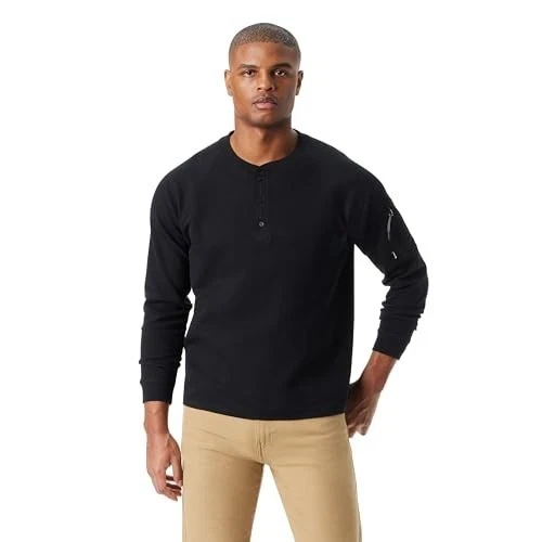 BASS OUTDOOR Men’s Relaxed Fit Performance Thermal Long Sleeve Henley Black Sz L