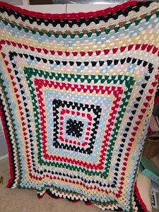 Vintage Hand Crocheted Granny Square Afghan Blanket Throw (roughly 48”x47”)  - Picture 1 of 4