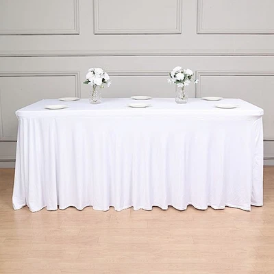 6 ft WHITE Wavy Rectangular Fitted Tablecloth Premium Spandex TABLE COVER Party - Image 1 of 4