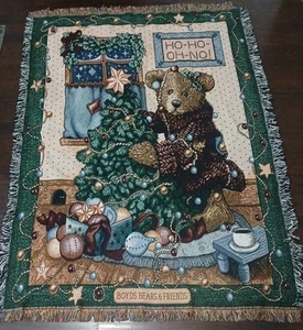 Boyds Bears & Friends 1997 Christmas Afghan Throw Blanket Tapestry 52" x 68" - Picture 1 of 9