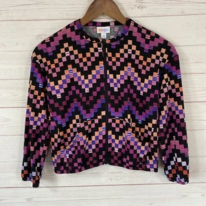 LuLaRoe Girls Monroe Jacket Sz 12 Purple Black Geometric Print Front Zip Pockets - Picture 1 of 8
