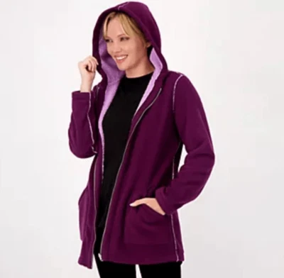 Susan Graver Womens Medium Zip Reversible Hooded Fleece Sherpa Coat Purple NWOT - Image 1 of 4