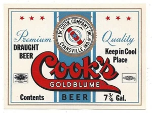 Cook's Goldblume Beer Keg Label - F.W. Cook Co., Evansville, IN (NOS) BB - Picture 1 of 2
