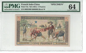 FRENCH INDOCHINA-SPECIMEN 5 PIASTRES 1951 Pick# 75s PMG: 64 Choice UNC. (#PL427) - Picture 1 of 2