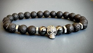 LATEST LAVA HEMATITE & SKULL HALLOWEEN WEAR STRETCHABLE BRACELET - Picture 1 of 1