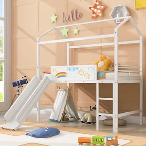 Metal House Bed With Slide, Twin Size Metal Loft Bed with Two-sided writable Woo - Picture 1 of 12