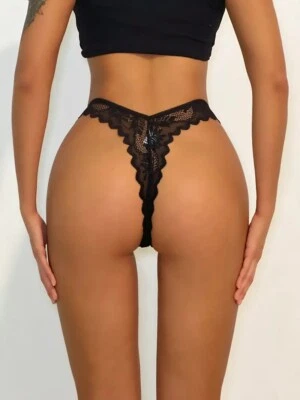 Schwarz Weich Stretch Blumen Spitze Hoch Schnitt Bein Damen Sexy String Höschen - Bild 1 von 4