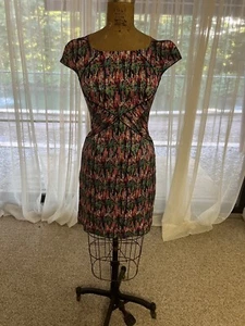 ZAC POSEN Size 2 Silk Watercolor Cap Sleeve Black Piping Boatneck Sheath Dress - Picture 1 of 6