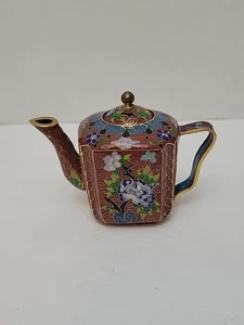 Tetera Cloisonne Vintage Única Marrón Esmalte Floral Miniatura Estilo Asiático - Imagen 1 de 11