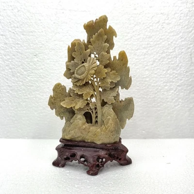 Vintage Asian Soapstone Carving Floral Handmade Stone Sculpture Chinese 6in - Image 1 of 4