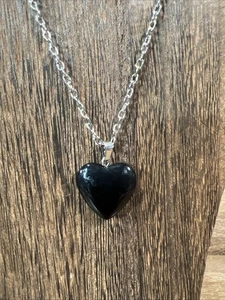 Natürlicher schwarzer Obsidian Herz Anhänger Halskette mit Silber Ferrolegierung Kette - Bild 1 von 7