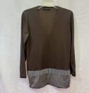 Fabiana Filippi Brown Gray Fringe Detail Cashmere Silk V-neck Sweater Size M - Picture 1 of 7