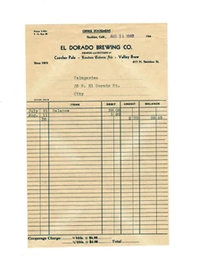 El Dorado Brewing Company 1940 receipt, Stockton, San Joaquin County, California - Picture 1 of 2