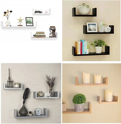 Set of 3 U Shape Floating Wall Shelves Storage Display Shelf White Black Grey  - Image 1 of 4