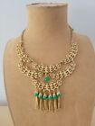 RARE Vintage 1950s Openwork Drop  Necklace Gold Tone Green glass Beaded stunning