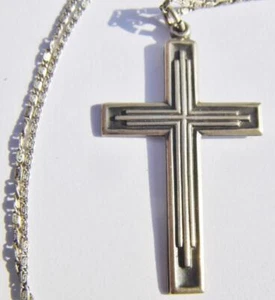 Mid Century Modern Solid Silver Cross & Chain Crucifix Religious Pendant 45mm - Picture 1 of 4