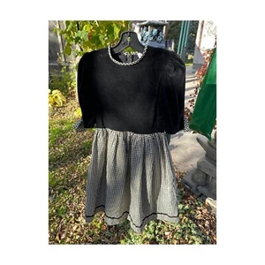 80s Party Dress Black Velvet with Gingham Metallic Print Skirt Short Puff Sleeve - Picture 1 of 8