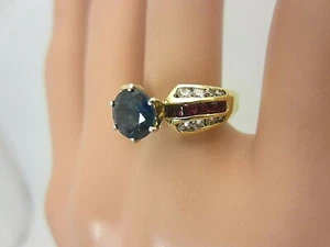 18k Yellow Gold 1.10 carat Blue Sapphire Ruby and Diamond Ring 2.10 ct TW - Picture 1 of 11
