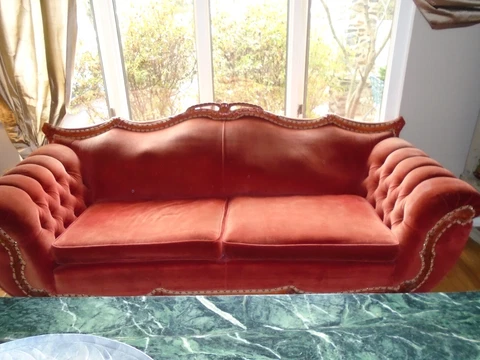 antique vintage victorian sofa red tufted velvet carved wood trim 86 inch length Cover