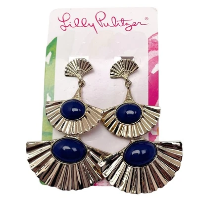 Pendientes de Clip Lilly Pulitzer Nuevos con Etiquetas Oro Concha Costera Gota 3 Niveles Piedras Azules Foto 1 de 4