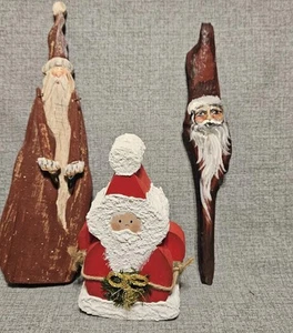 3 Vtg Santa Claus Hand Crafted Wood Decoration Rustic Folk Art Drift Barn - Picture 1 of 17