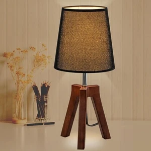 Wood Bedside Table Tripod Desk Lamp with On-Off Switch Fabric Shade Walnut Black - Picture 1 of 6
